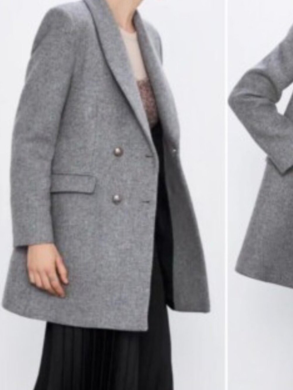 New Zara Grey Double Breasted Wool Coat M with Silver Buttons